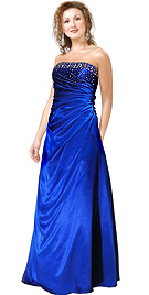 Blue Pleated Strapless Satin Evening Gown 